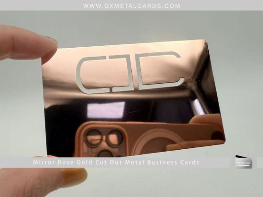 Mirror Rose Gold Metal Business Card with Cut-Out Logo – Custom Luxury Metal Cards by QX Metal Cards