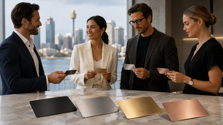 Australian professionals holding custom metal business cards in matte black, gold, stainless steel, and rose gold finishes.