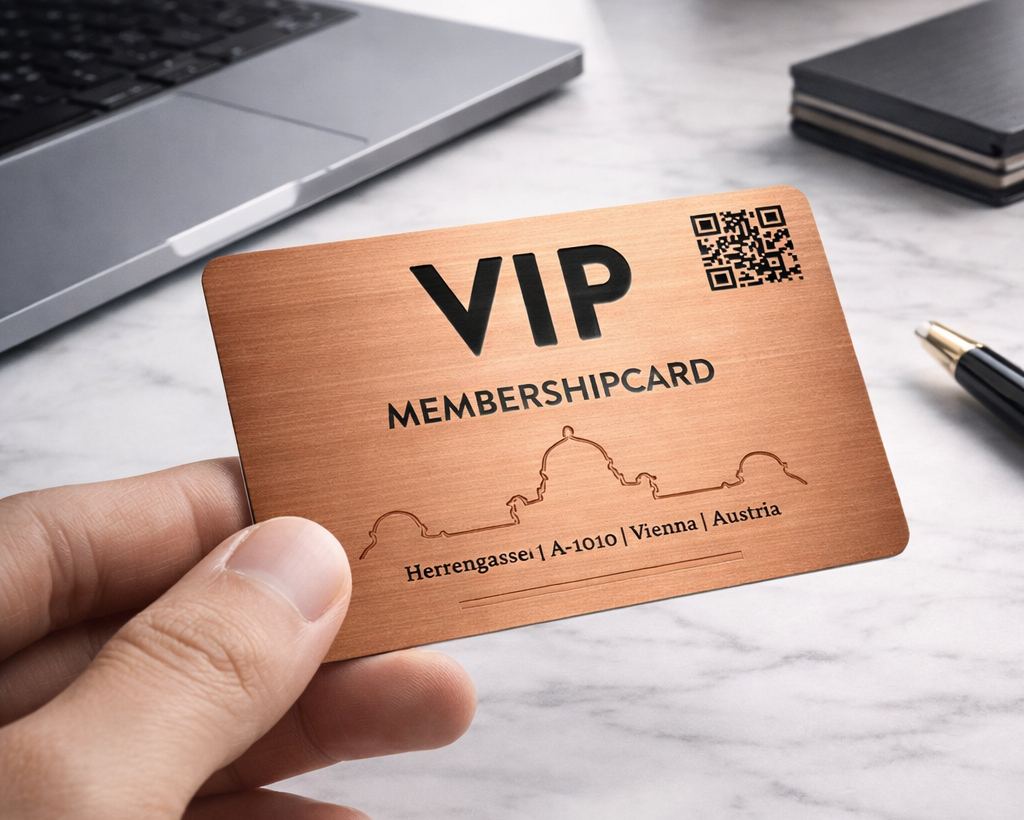 brushed copper metal membership cards